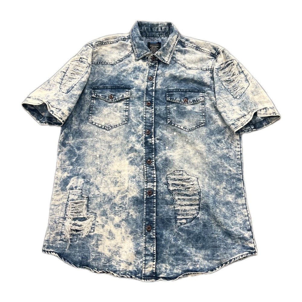 Blue Stitch Denim Shirt Mens Large Blue Acid Wash Distressed Western Streetwear